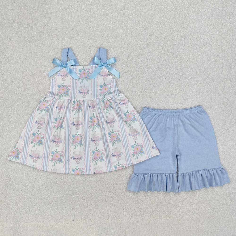 Baby Girl Blue Straps Flower Cakes Bows Sibling Romper Dress Outfit RTS