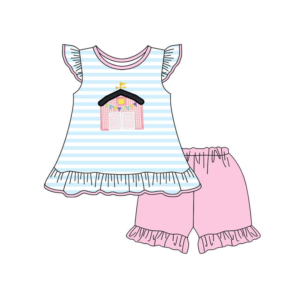 Preorder Baby Girl Short Sleeves Blue Stripes Farm House Tops Shorts Set ( Moq 5 )
