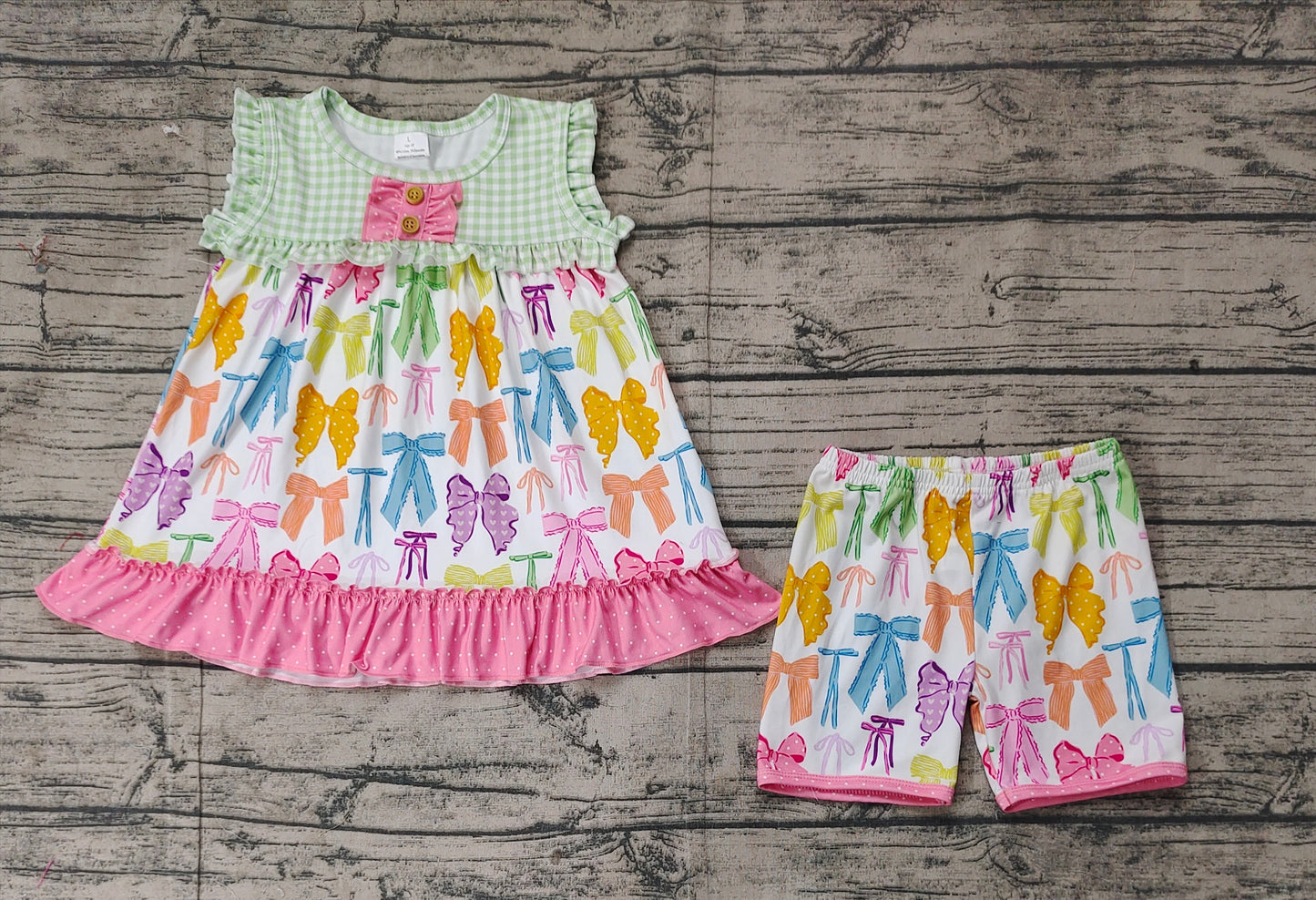 Preorder Baby Girl Sleeveless Colorful Bows Tunic Shorts Clothes Set（ No moq )