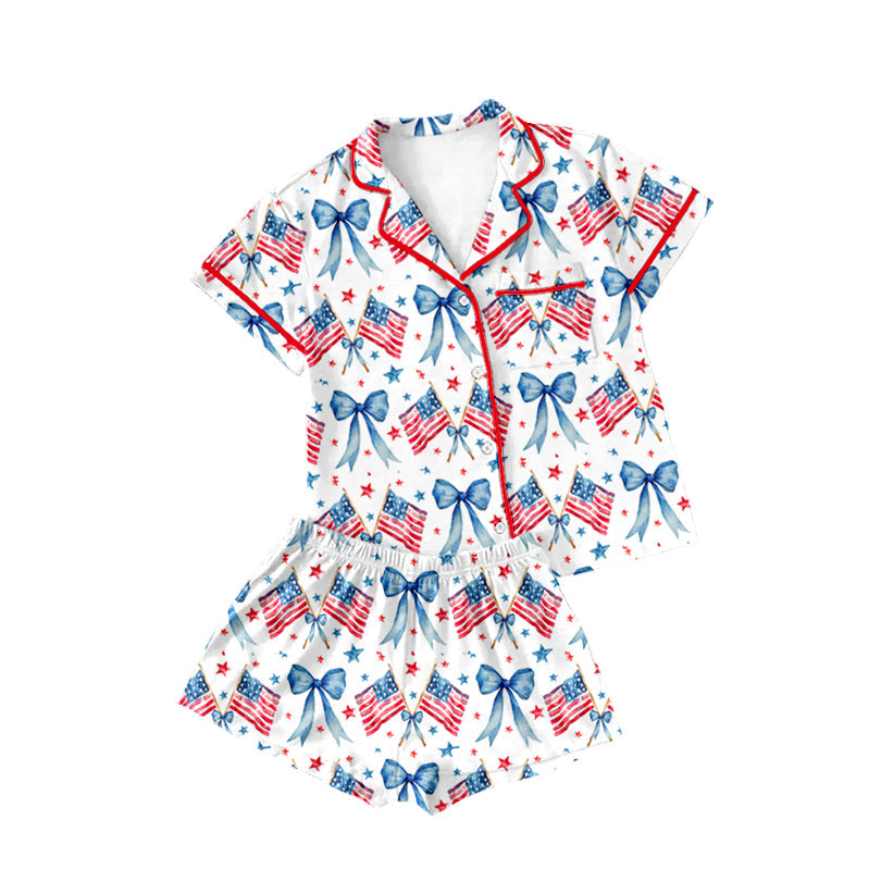 Preorder Baby Girl Short Sleeves July 4th Flags Bows Buttons Shirt Shorts Pajamas Set ( Moq 5 )
