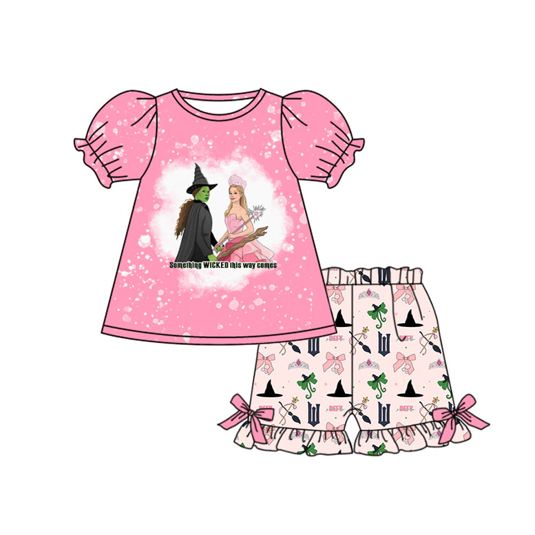 Preorder Baby Girl Pink Short Sleeves Wicked Shirt Bows Shorts Set ( Moq 5 )