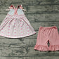 Baby Girl Straps Flower Bows Tunic Cotton Ruffle Pink Shorts Set RTS