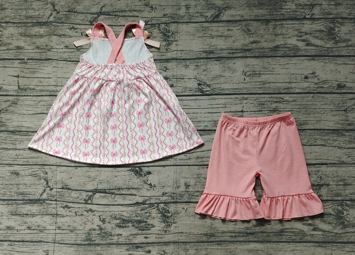 Baby Girl Straps Flower Bows Tunic Cotton Ruffle Pink Shorts Set RTS