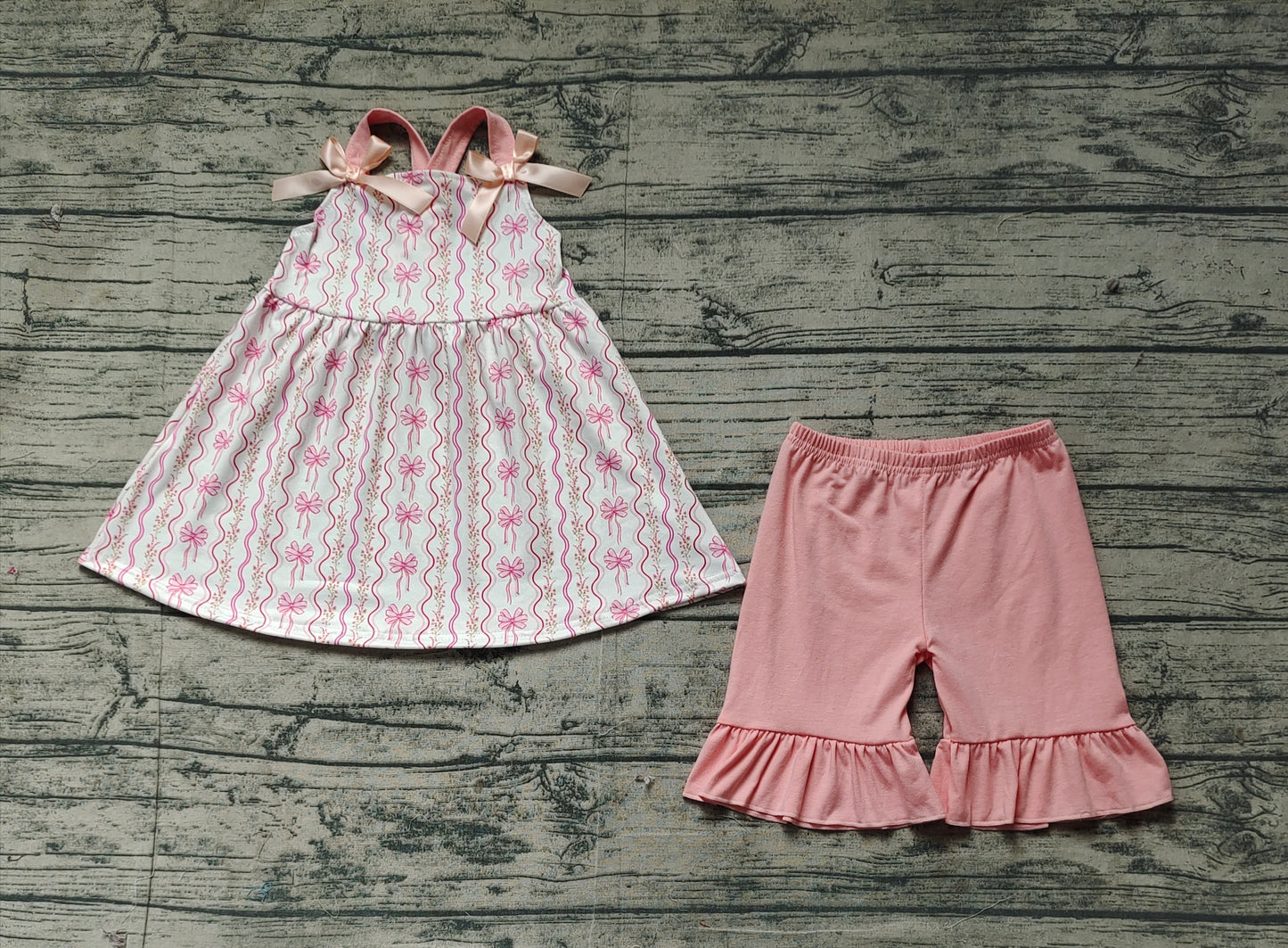 Baby Girl Straps Flower Bows Tunic Cotton Ruffle Pink Shorts Set RTS
