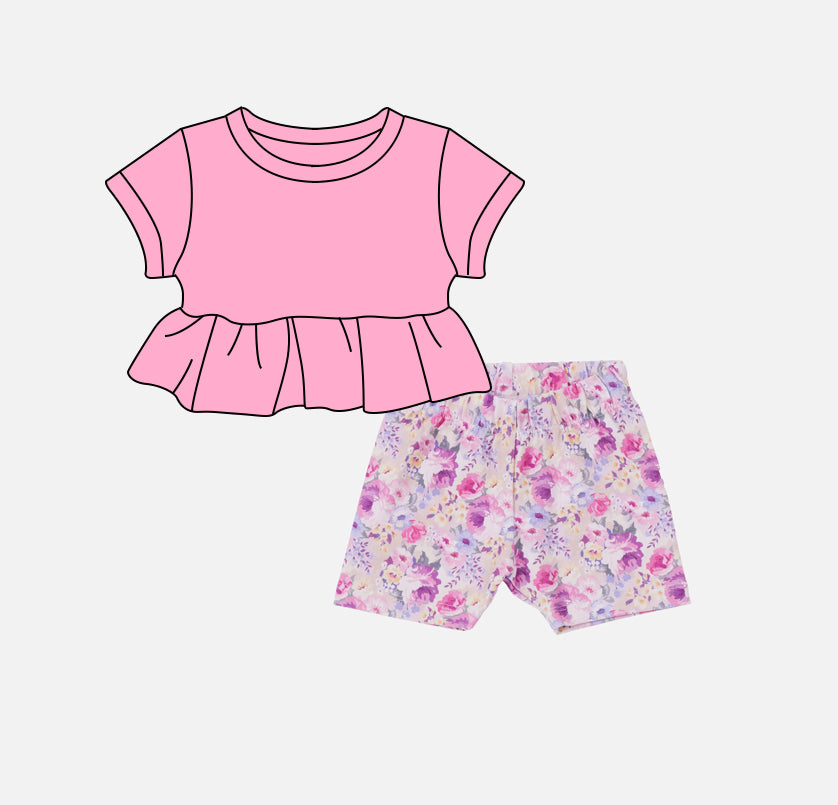 Preorder Baby Girl Pink Tops Flower Shorts Clothes Set ( Moq 5 )