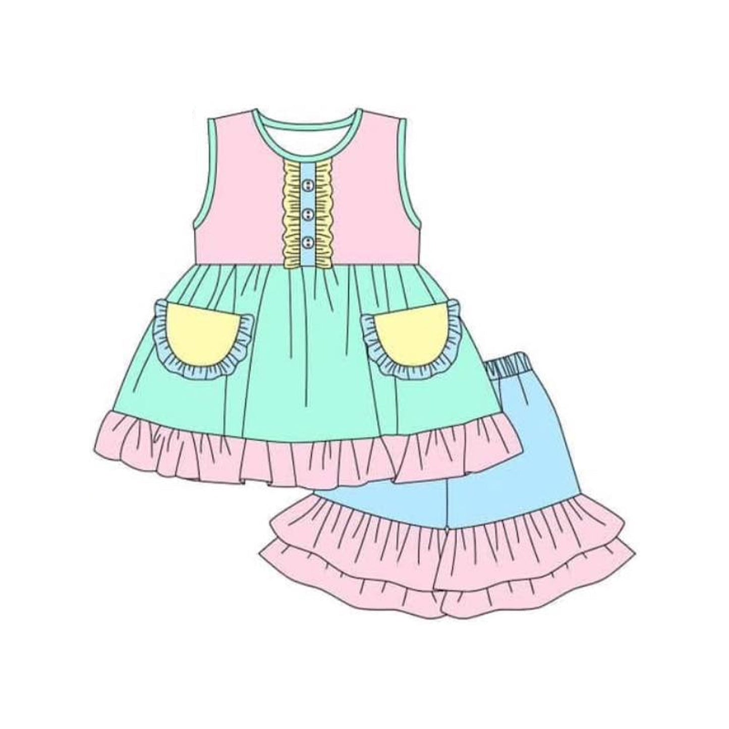 Preorder Baby Girl Sleeveless Pockets Colorful Tunic Ruffle Shorts Set ( Moq 5 )