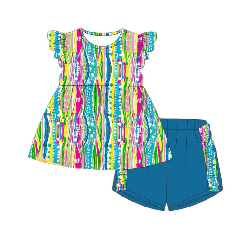 Preorder Baby Girl Short Sleeves Colorful Stripes Tunic Blue Shorts Clothes Set ( Moq 5 )