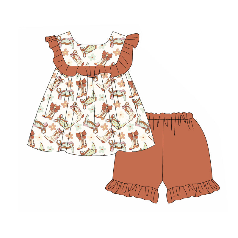 Pre-order Baby Girl Short Sleeves Boots Bows Flower Tunic Brown Shorts Clothes Set ( Moq 5 )