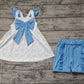 Preorder Baby Girl Short Sleeves Bows Tunic Blue Shorts Set ( No moq )