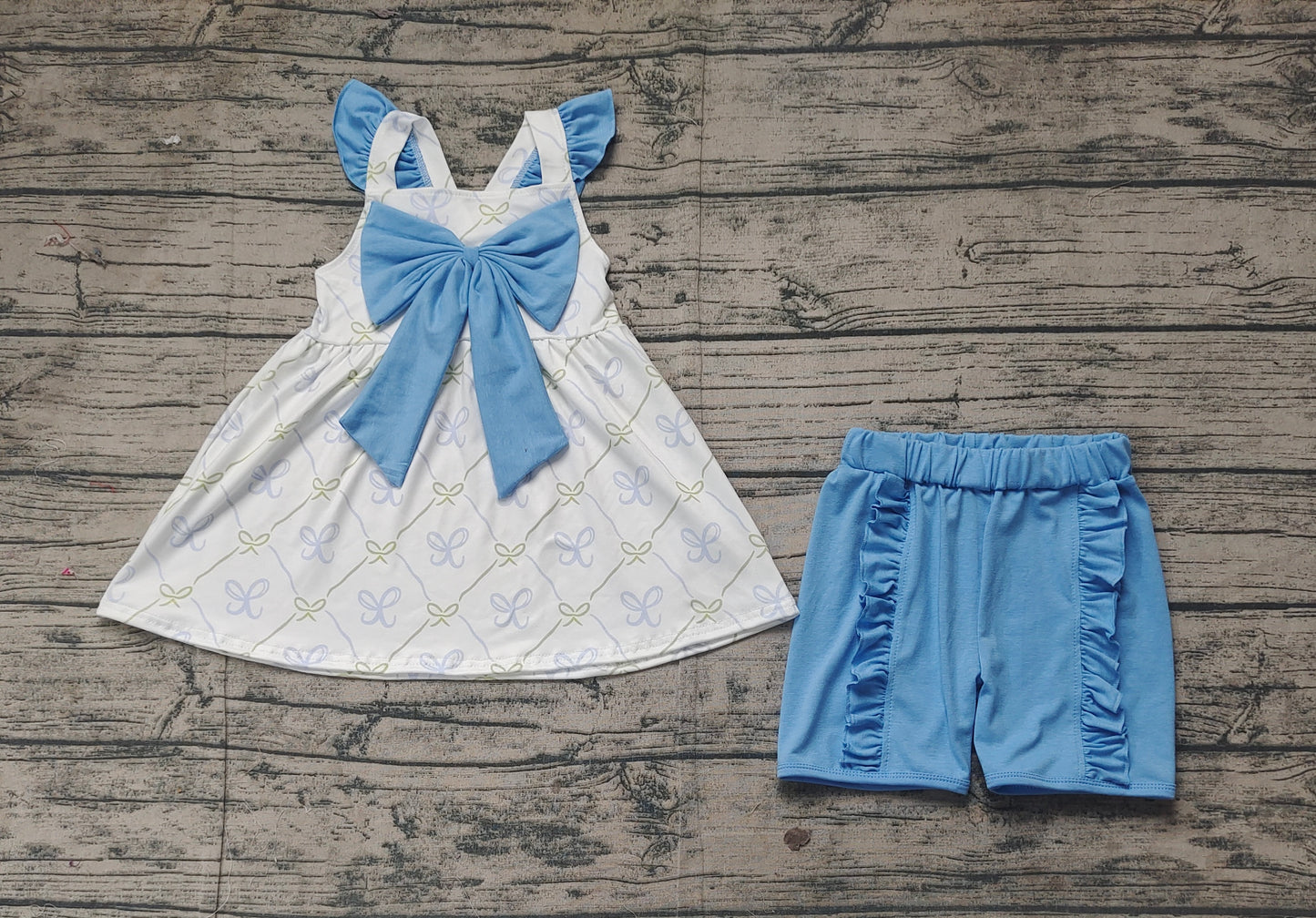 Preorder Baby Girl Short Sleeves Bows Tunic Blue Shorts Set ( No moq )