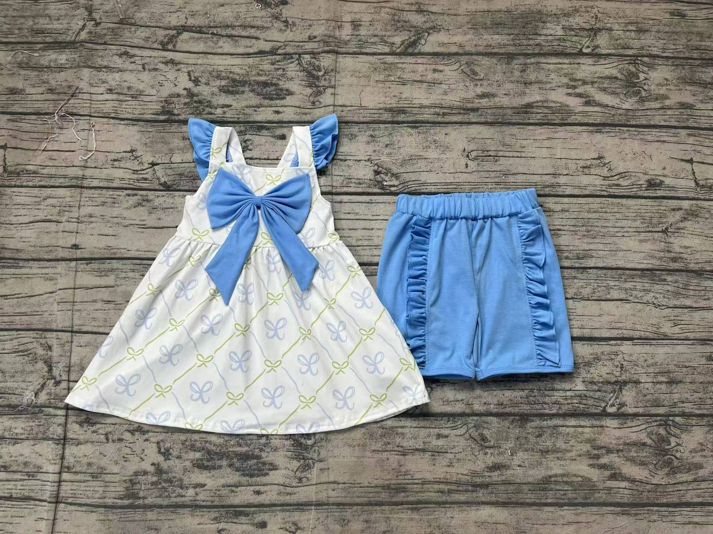 Baby Girl Short Sleeves Bows Tunic Blue Shorts Set RTS