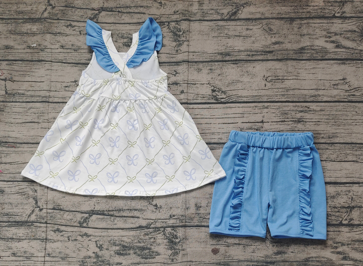 Preorder Baby Girl Short Sleeves Bows Tunic Blue Shorts Set ( No moq )