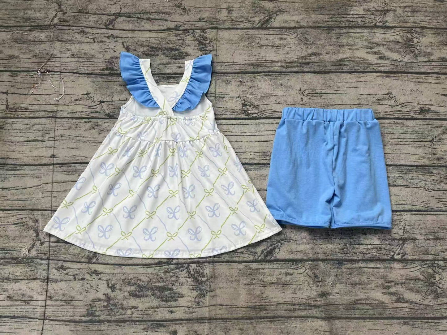Baby Girl Short Sleeves Bows Tunic Blue Shorts Set RTS