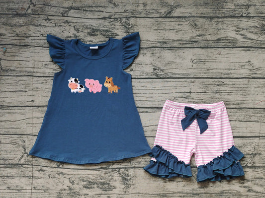 Preorder Baby Girl Short Sleeves Embroidery Farm Animals Shirt Stripes Shorts Clothes Set ( No moq )