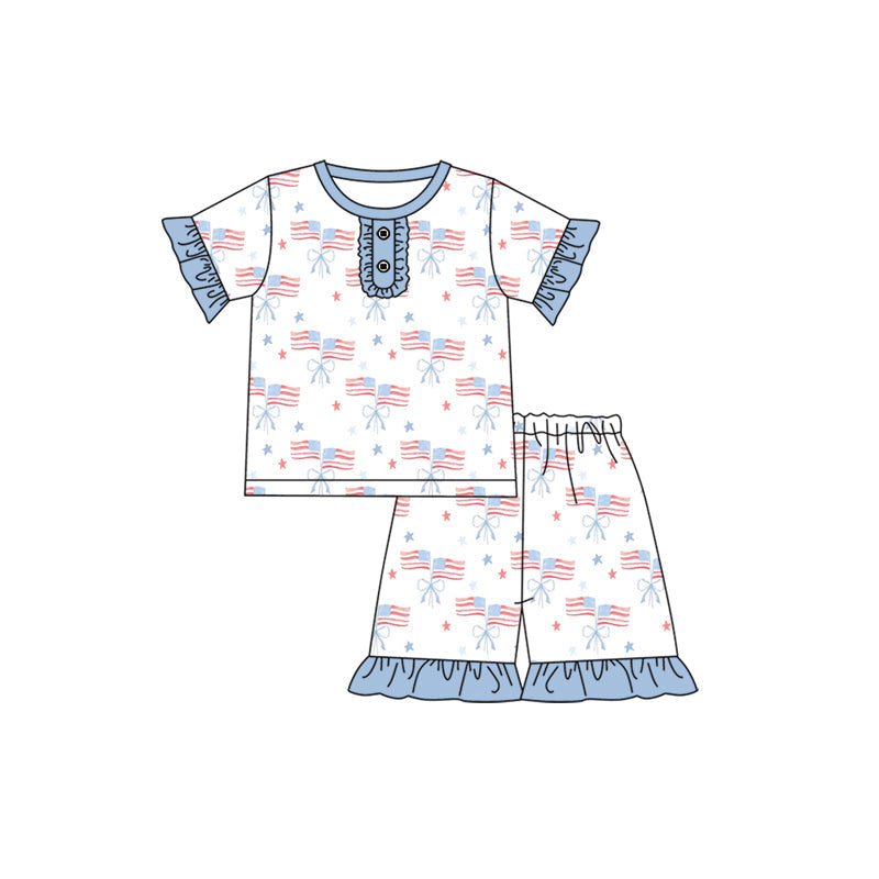 Preorder Baby Girl Short Sleeves Flags Bows Shirt Shorts Pajamas July 4th Set ( Moq 5 )