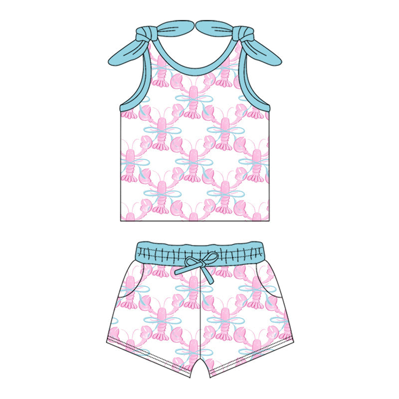 Preorder Baby Girl Straps Crawfish Tops Bow Shorts Clothes Set ( Moq 5 )