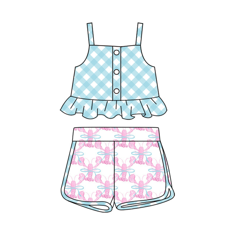 Preorder Baby Girl Blue Checkered Tops Crawfish Bow Shorts Clothes Set ( Moq 5 )