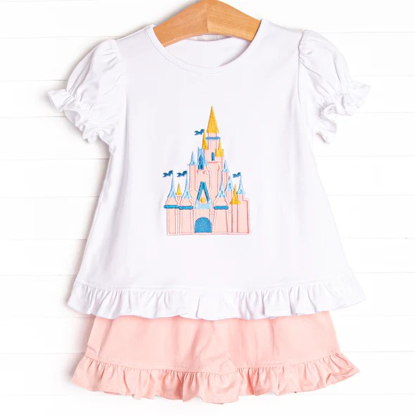 Preorder Baby Girl Kids Toddler Short Sleeve Castle Shirt Ruffle Shorts Clothes Set ( Moq 5 )
