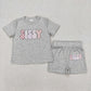 Baby Boy Girl Short Sleeves Vinyl Shirt Cotton Grey Shorts Sibling Clothes Set RTS