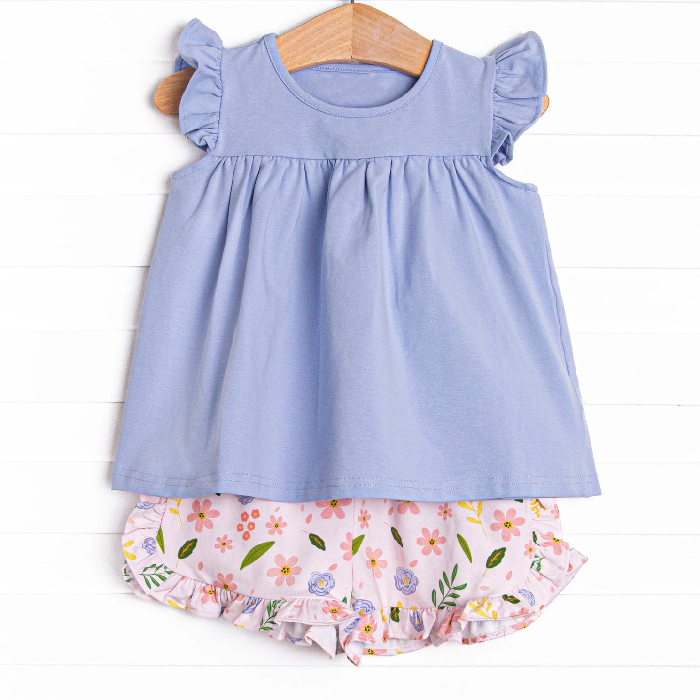 Preorder Baby Girl Kids Toddler Blue Cotton Tunic Ruffle Flower Shorts Clothes Set ( Moq 5 )