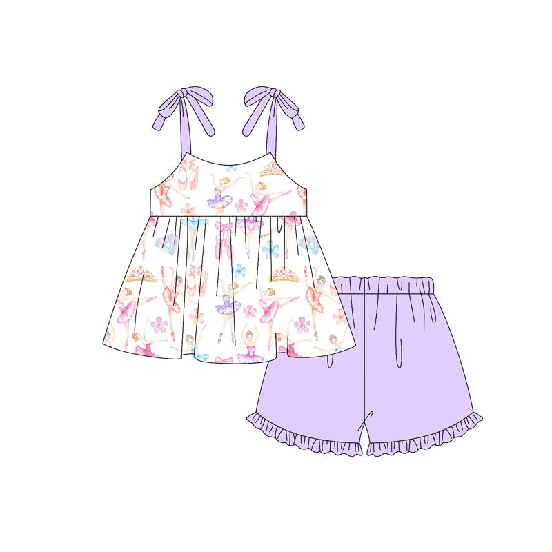 Preorder Baby Girl Kids Toddler Straps Dance Tunic Ruffle Purple Clothes Set ( Moq 5 )
