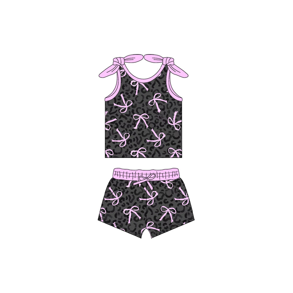 Preorder Baby Girl Straps Black Leopard Bow Tops Shorts Clothes Set ( Moq 5 )