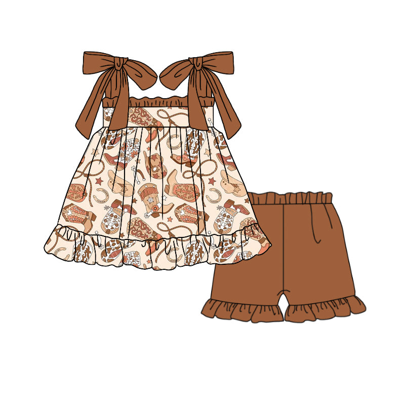 Preorder Baby Girl Straps Western Boots Tunic Ruffle Shorts Clothes Set ( Moq 5 )