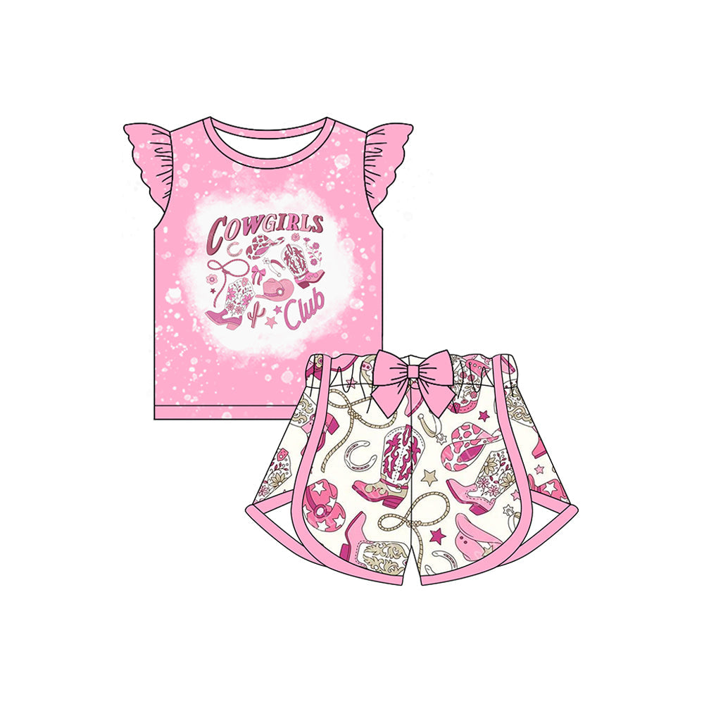 Preorder Baby Girl Western Cowgirl Club Bows Shirt Shorts Clothes Pink Set ( Moq 5 )
