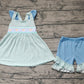 Preorder Baby Girl Short Sleeves Embroidery Fish Tunic Ruffle Shorts Clothes Set ( No moq )