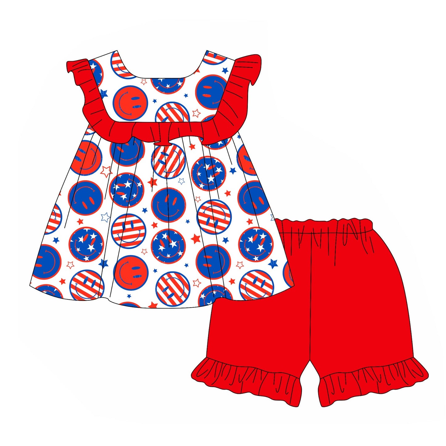 Preorder Baby Girl July 4th Smile Stars Tunic Ruffle Red Shorts Clothes Set ( Moq 5 )