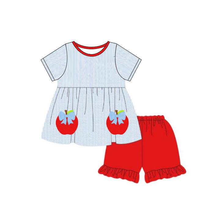 Preorder Baby Girl Back To School Apple Bows Tunic Red Shorts Clothes Set ( Moq 5 )