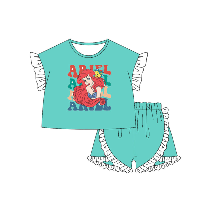 Preorder Baby Girl Kids Short Sleeves Princess Green Shirt Ruffle Shorts Clothes Set ( Moq 5 )