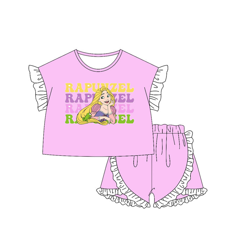 Preorder Baby Girl Kids Short Sleeves Princess Pink Shirt Ruffle Shorts Clothes Set ( Moq 5 )