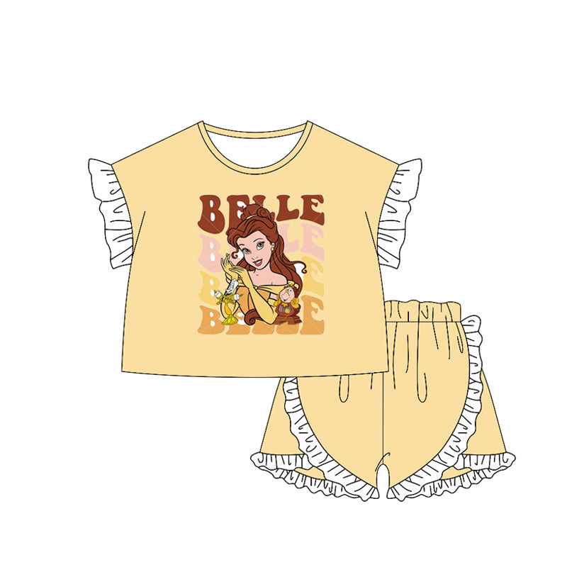 Preorder Baby Girl Kids Princess Shirt Ruffle Shorts Clothes Yellow Set ( Moq 5 )