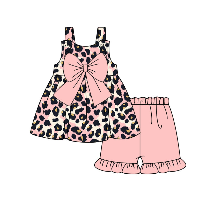 Preorder Baby Girl Straps Leopard Pink Bow Tunic Shorts Set ( Moq 5 )
