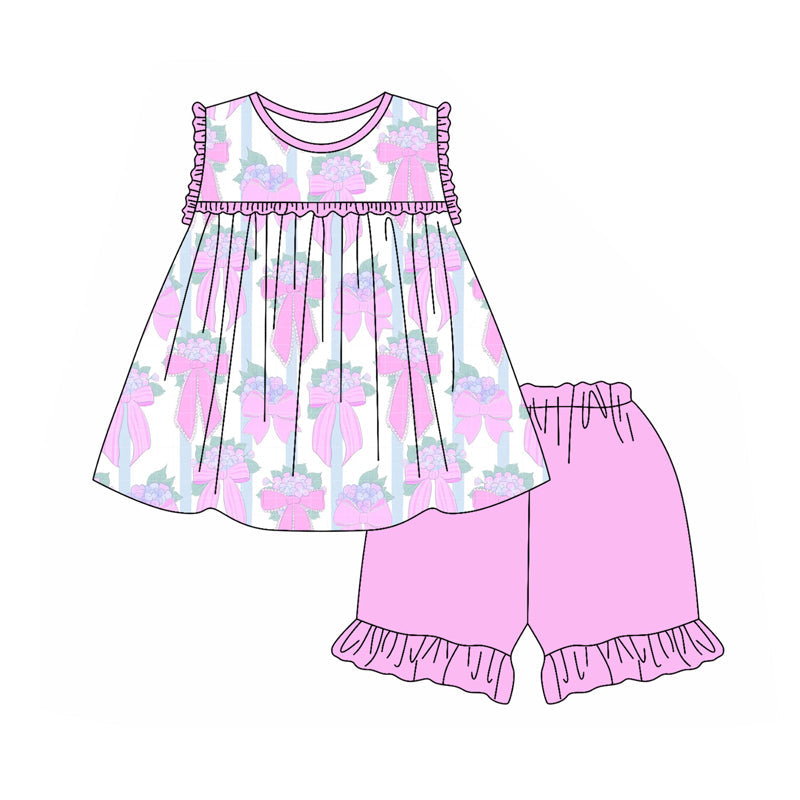 Preorder Baby Girl Kids Flower Pink Bows Tunic Shorts Set ( Moq 5 )