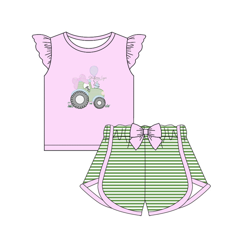 Preorder Baby Girl Truck Bow Pink Shirt Stripes Shorts Clothes Set ( Moq 5 )