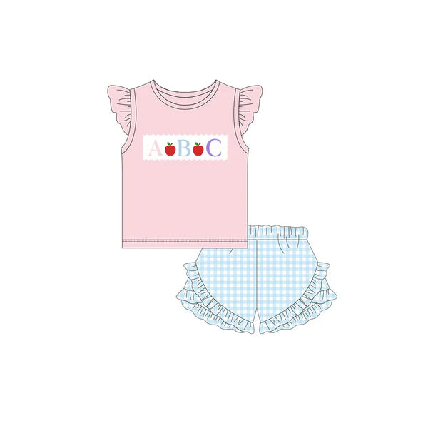 Preorder Baby Girl Back To School ABC Apple Shirt Ruffle Shorts Clothes Set ( Moq 5 )