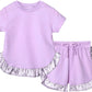 Baby Girl Short Sleeves Purple Cotton Shirt Ruffle Shorts Clothes Set RTS