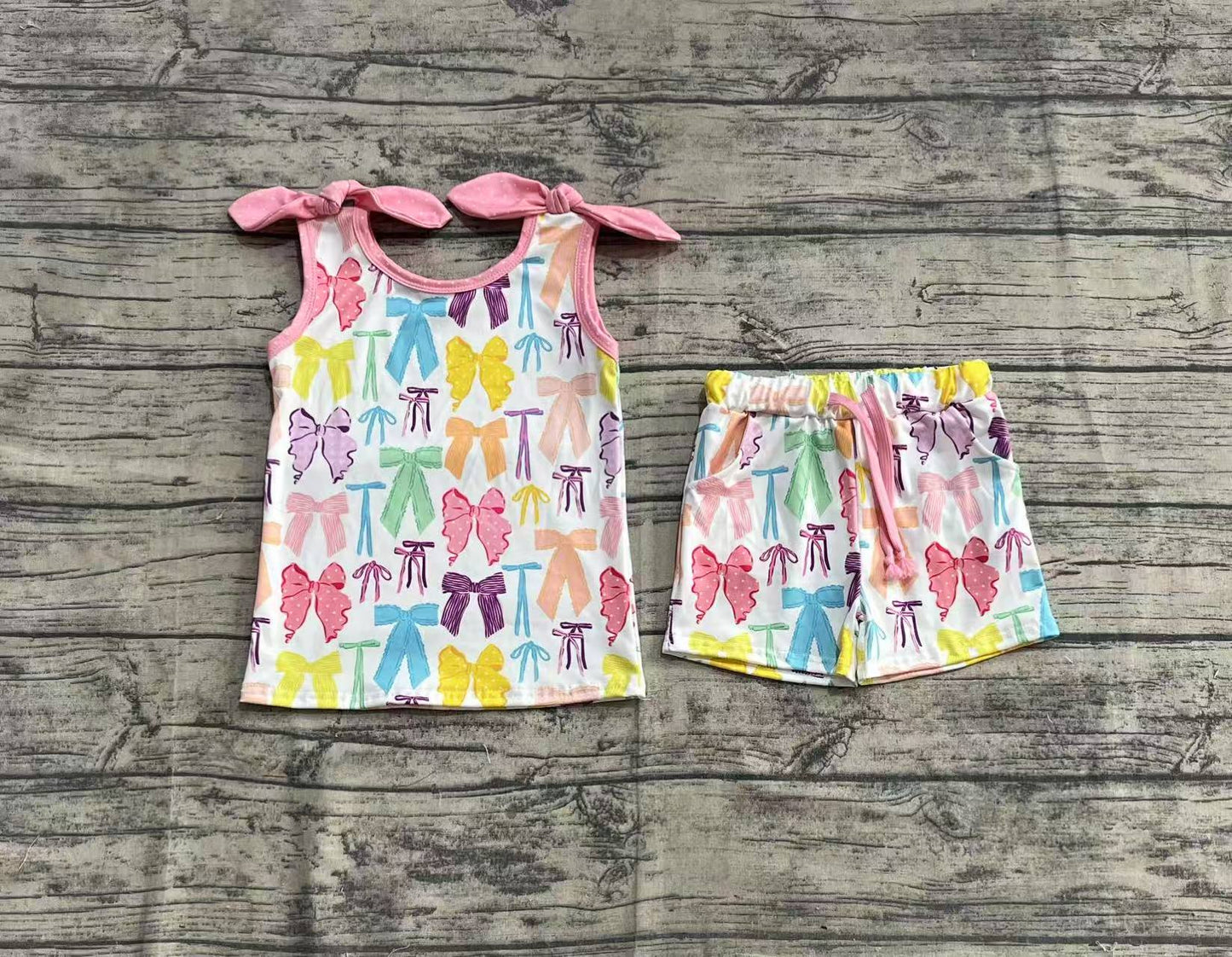 Baby Girl Straps Colorful Bows Shirt Shorts Clothes Set RTS