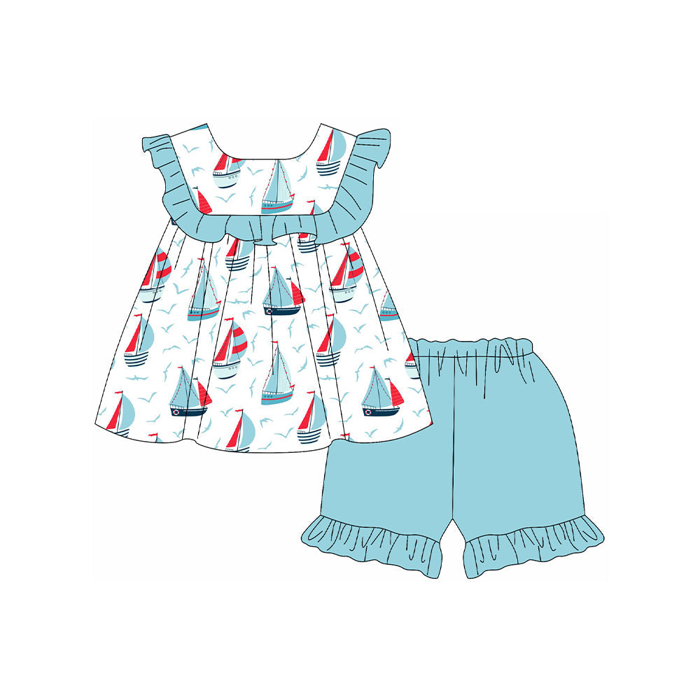 Preorder Baby Girl Short Sleeves Boats Ruffle Tunic Blue Shorts Set（ Moq 5 ）
