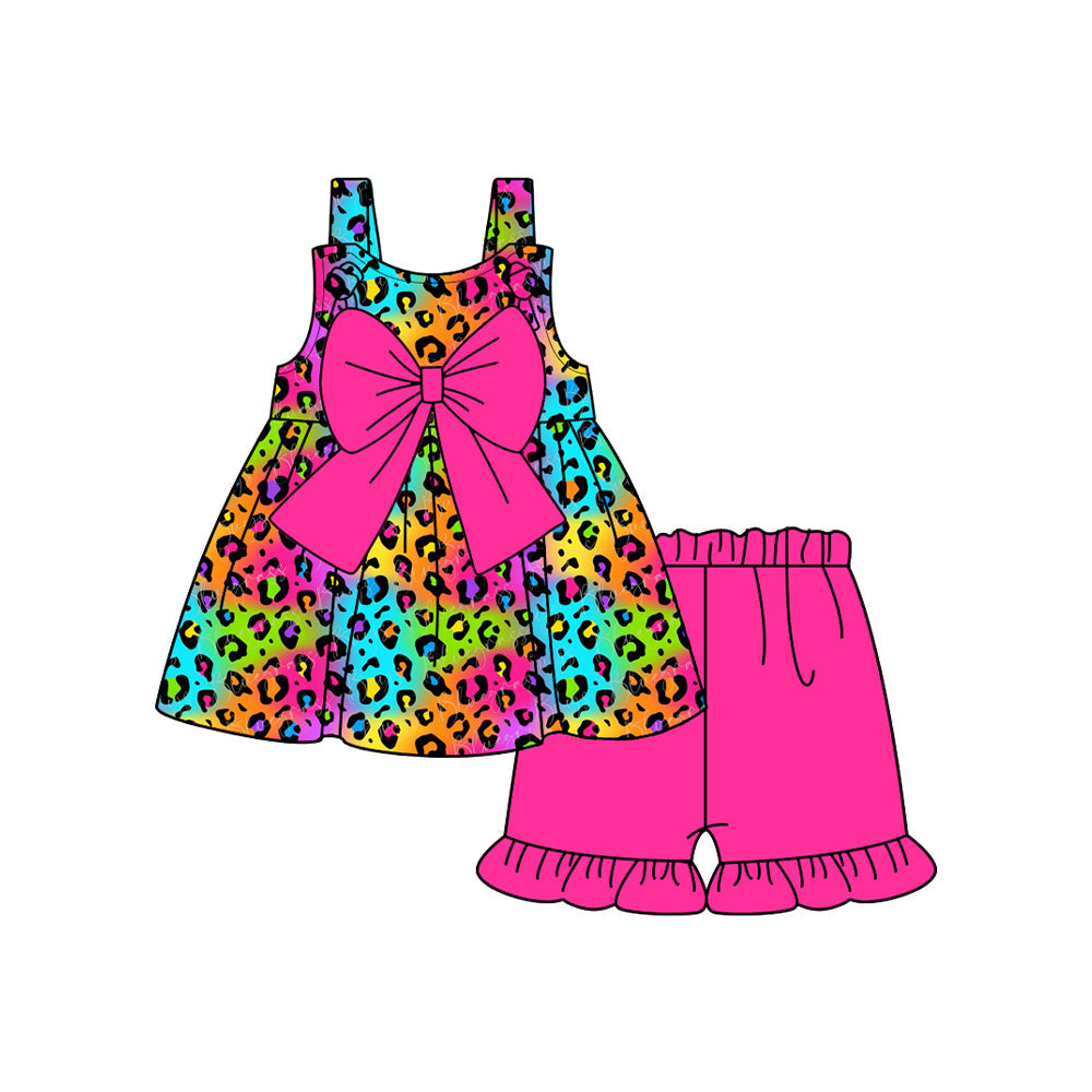 Preorder Baby Girl Straps Colorful Leopard Bow Tunic Pink Shorts Set（ Moq 5 ）
