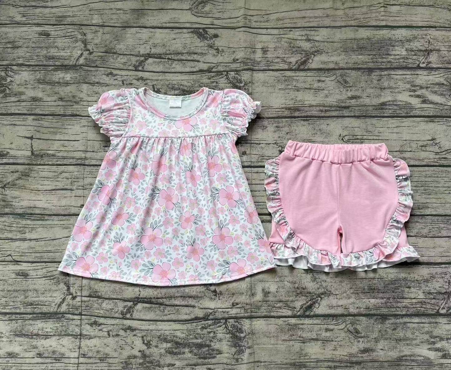 Baby Girl Short Sleeves Flower Tunic Pink Ruffle Shorts Clothes Set RTS
