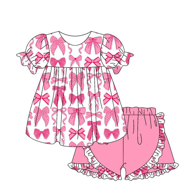 Preorder Baby Girl Short Sleeves Pink Bows Tunic Ruffle Pink Shorts Clothes Set ( Moq 5 )