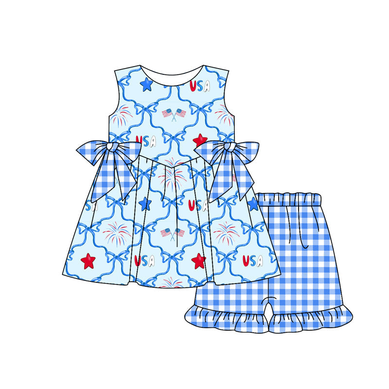 Preorder Baby Girl July 4th USA Flag Tunic Ruffle Blue Checked Shorts Clothes Set ( Moq 5 )