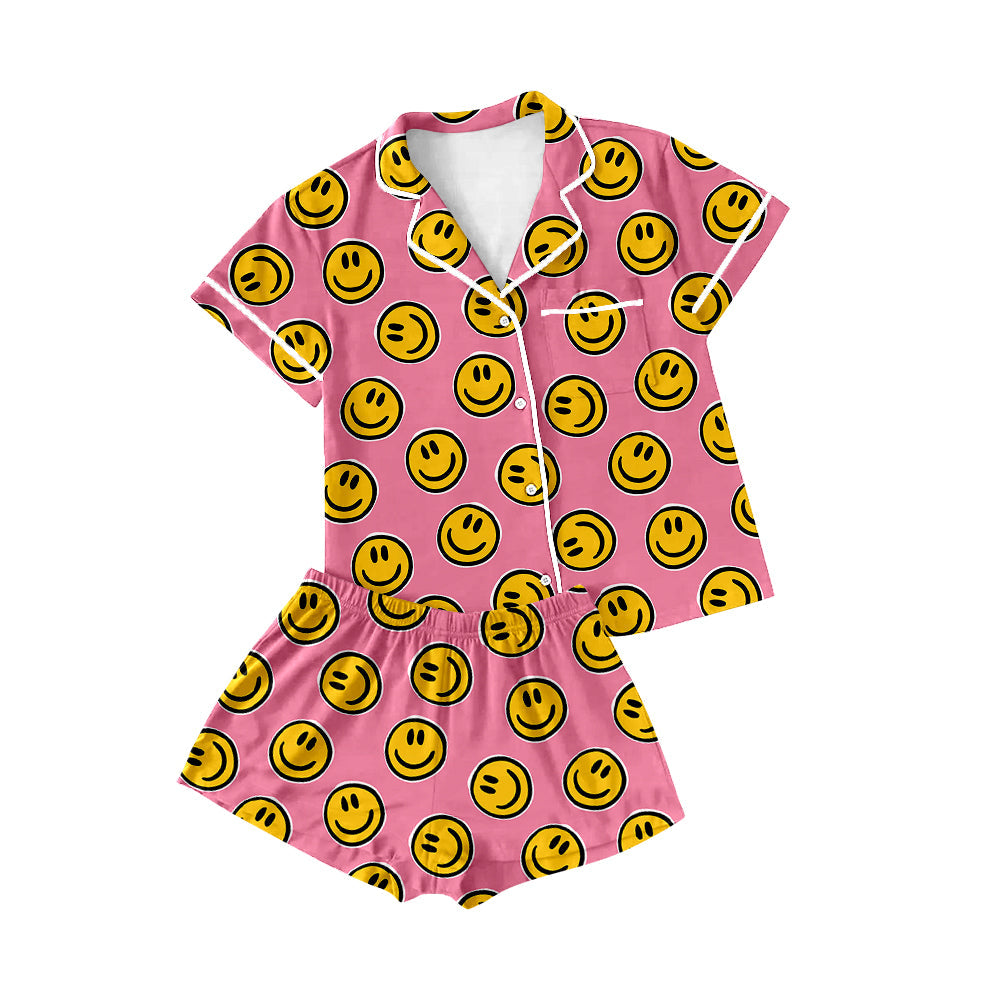 Preorder Adult Women Short Sleeves Smile Buttons Shirt Shorts Pajamas Set ( Moq 5 ）