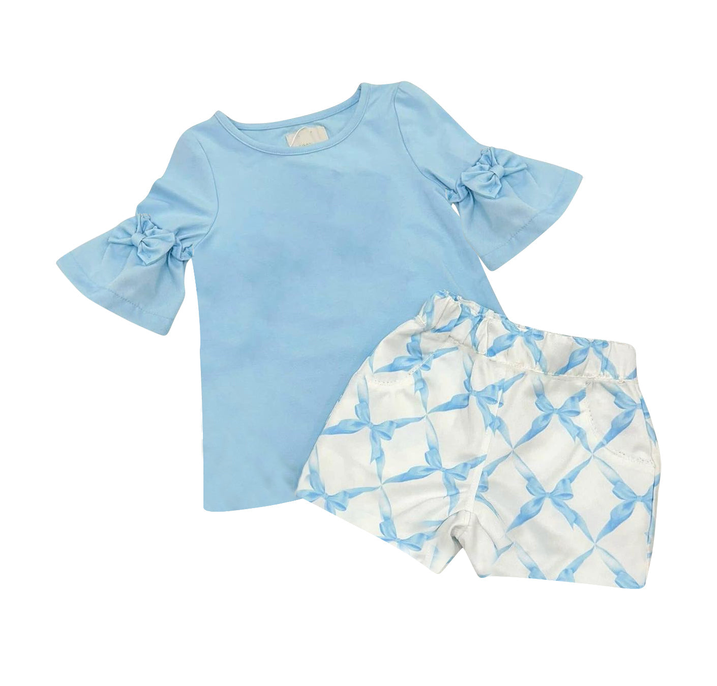 Preorder Baby Girl Short Sleeves Blue Shirt Bows Shorts Clothes Set ( Moq 5 )