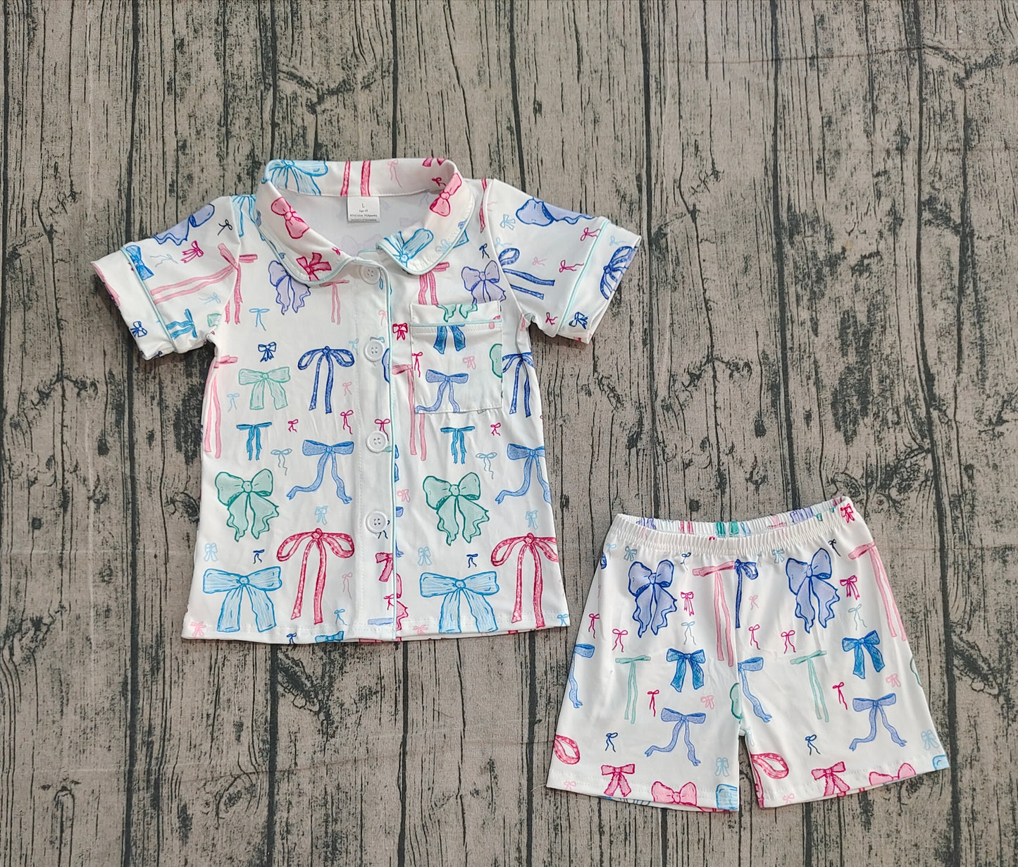 Baby Girl Short Sleeves Colorful Bows Buttons Shirt Shorts Pajamas Set RTS