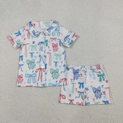 Sibling Baby Girls Adult Women Bows Buttons Tops Shorts Mommy and Me Pajamas Sets RTS