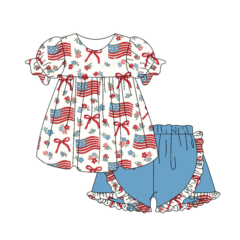 Preorder Baby Girl July 4th Of Flags Bows Flower Tunic Ruffle Shorts Set ( Moq 5 )